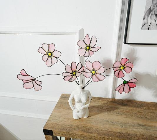 Pink Cosmos Stained Glass Flowers Set: Home Decor Bouquet