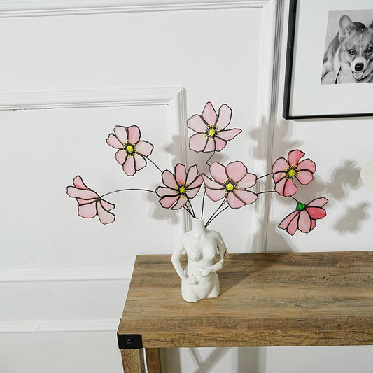 Pink Cosmos Stained Glass Flowers Set: Home Decor Bouquet