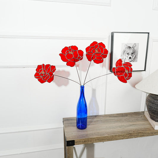 Pink Stained Glass Peony Flowers - Set of 4 handmade home style