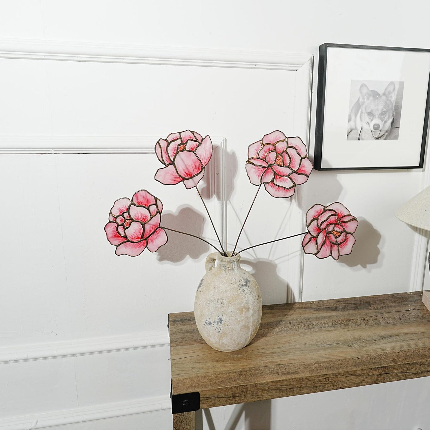 Pink Stained Glass Peony Flowers - Set of 4 handmade home style