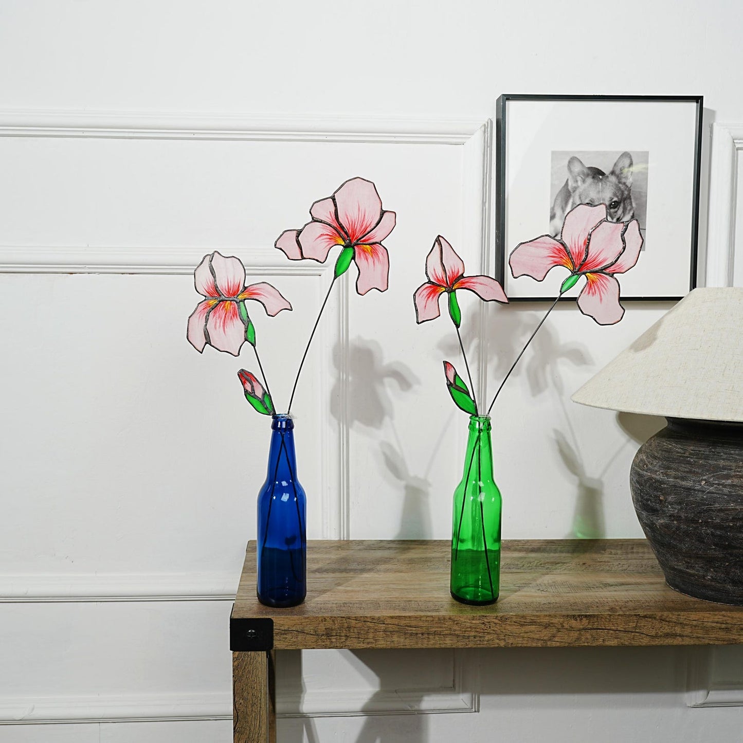 Pink Iris Stained Glass Flowers: Home Art Decor, Set of 4