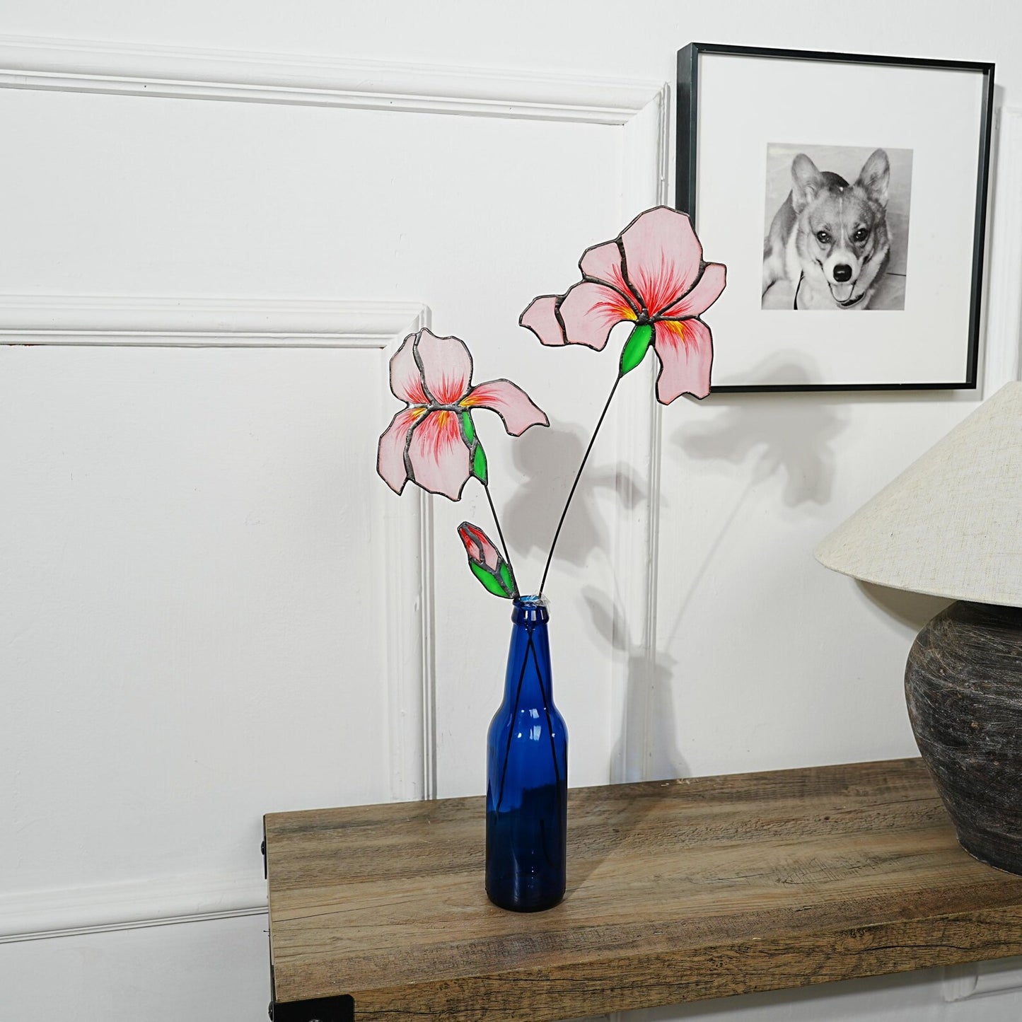 Pink Iris Stained Glass Flowers: Home Art Decor, Set of 4