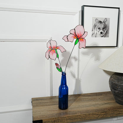 Pink Iris Stained Glass Flowers: Home Art Decor, Set of 4