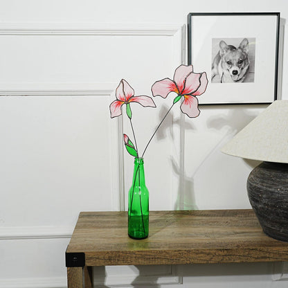 Pink Iris Stained Glass Flowers: Home Art Decor, Set of 4