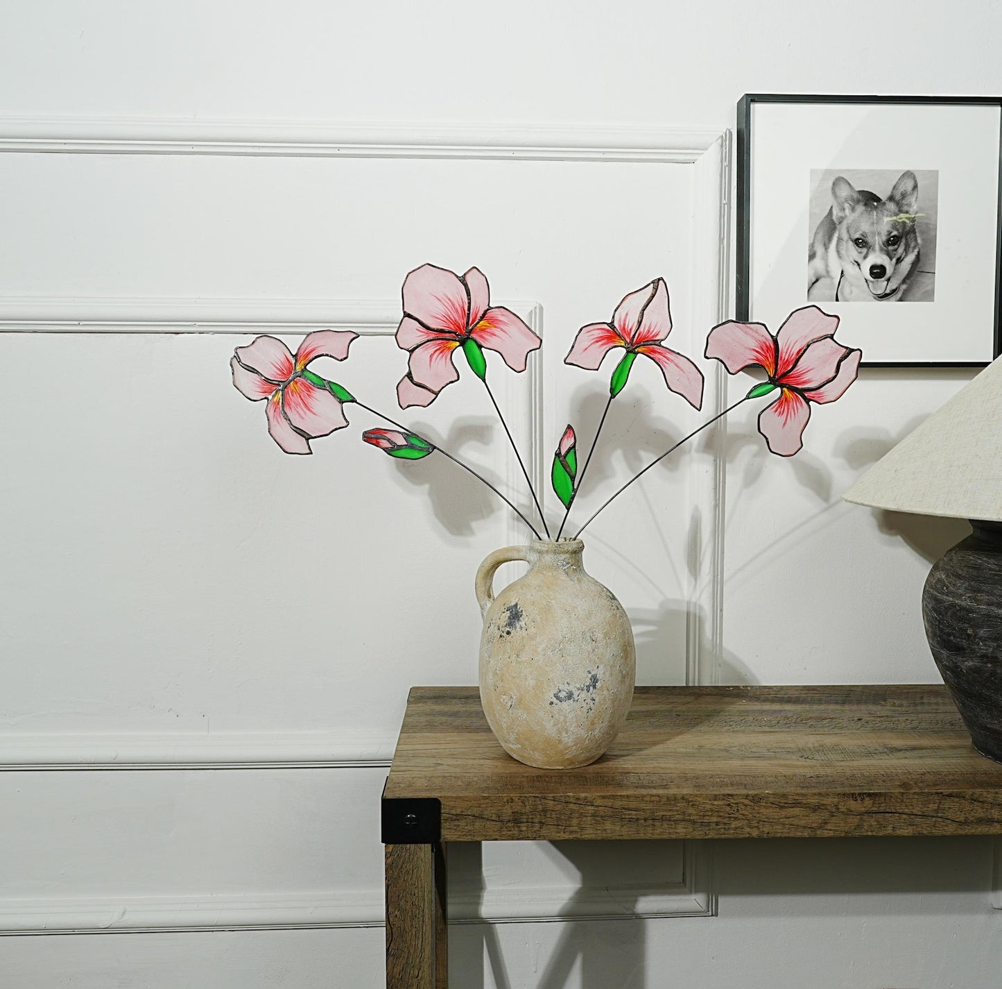 Pink Iris Stained Glass Flowers: Home Art Decor, Set of 4