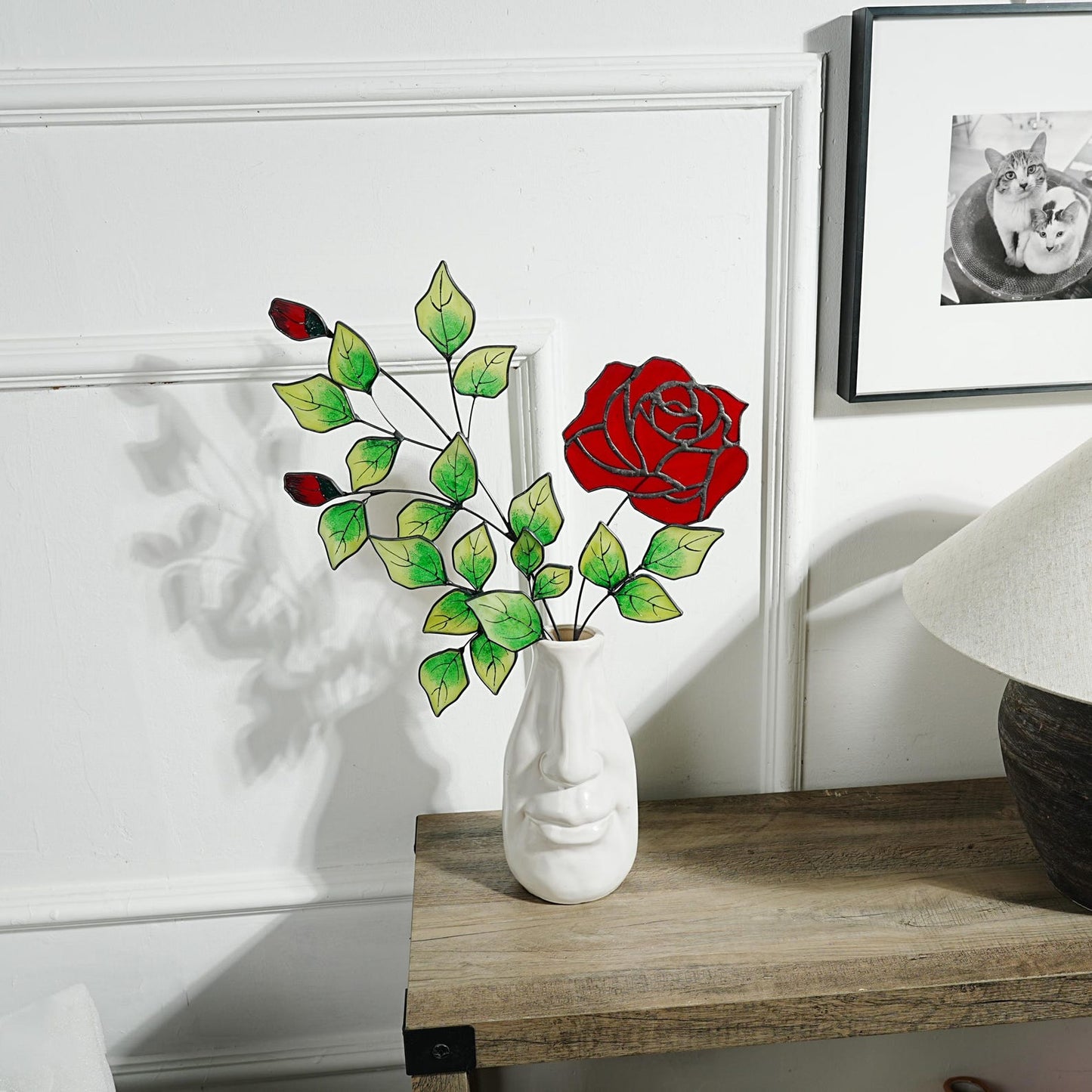 Stained Glass Rose Flower Decor: Hand-Painted Leaf Textures