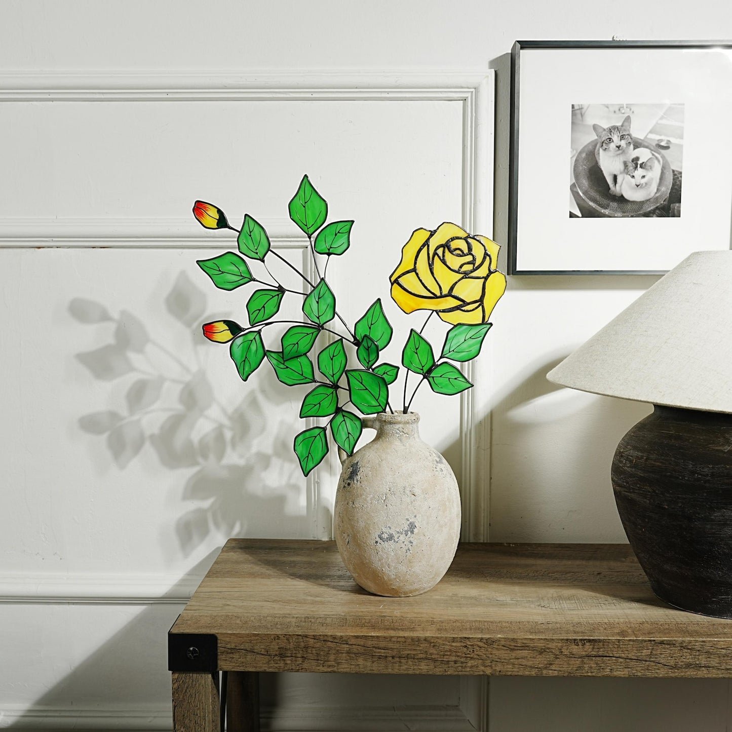Stained Glass Rose Flower Decor: Hand-Painted Leaf Textures