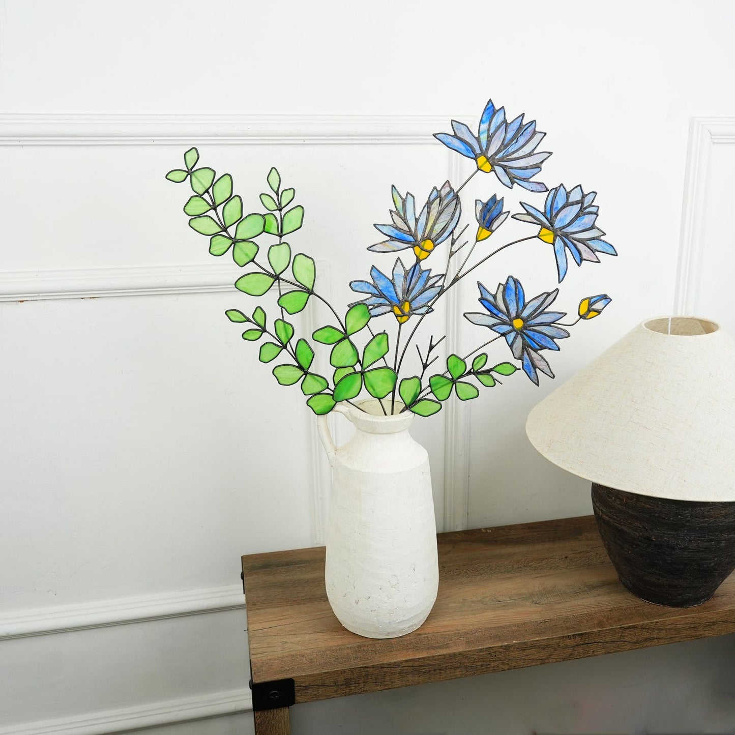 Stained glass Aster and Eucalyptus Bouquet:Minimalist Home Decor