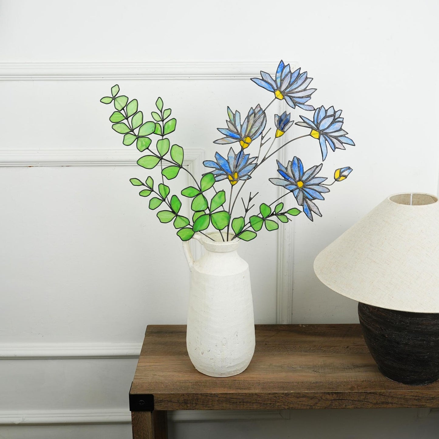 Stained glass Aster and Eucalyptus Bouquet:Minimalist Home Decor