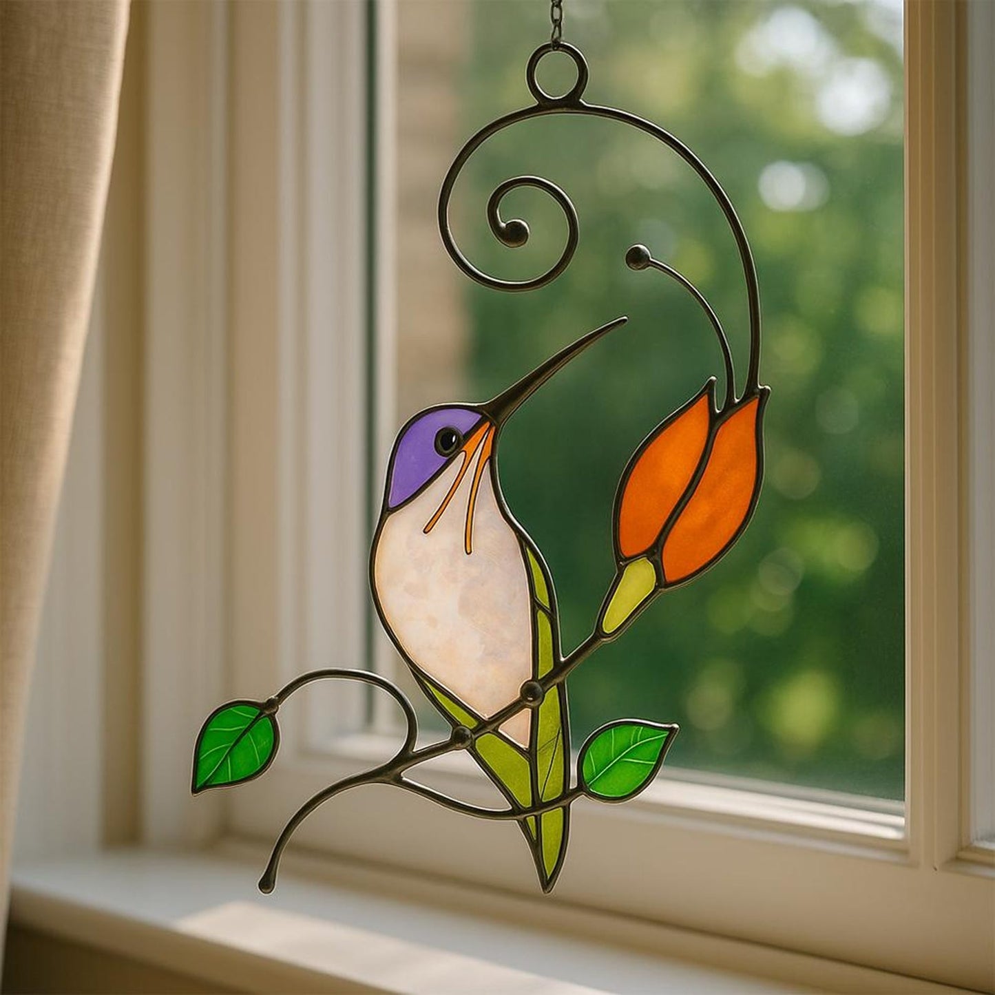 Handmade Hummingbird Stained Glass Suncatcher, Tiffany Art Window Hanging