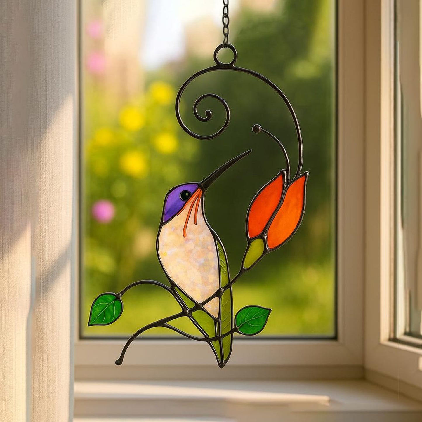 Handmade Hummingbird Stained Glass Suncatcher, Tiffany Art Window Hanging