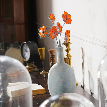 Handmade California Poppy Stained Glass Bouquet, Set of 6 Decorative Faux Flowers, Home Decor