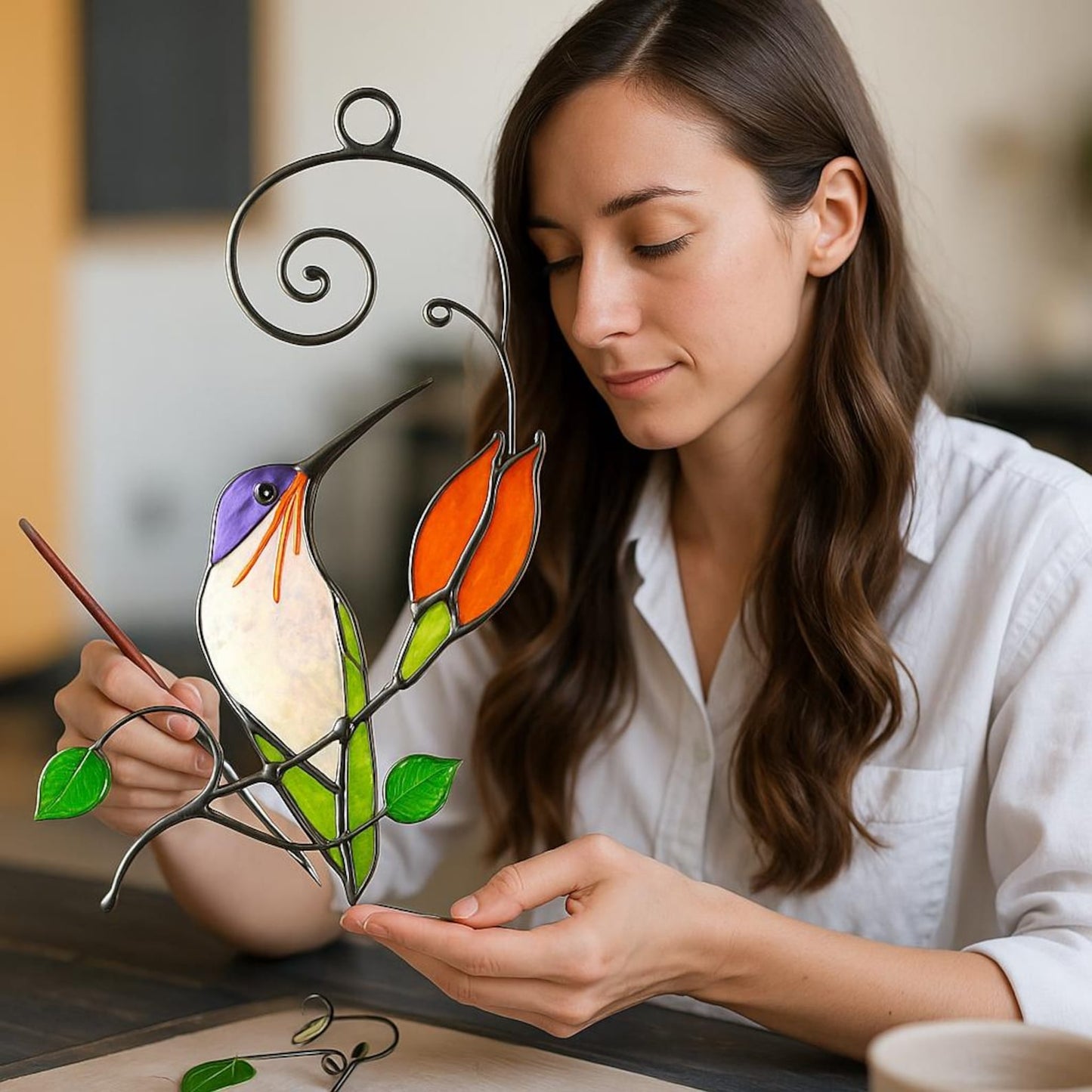 Handmade Hummingbird Stained Glass Suncatcher, Tiffany Art Window Hanging