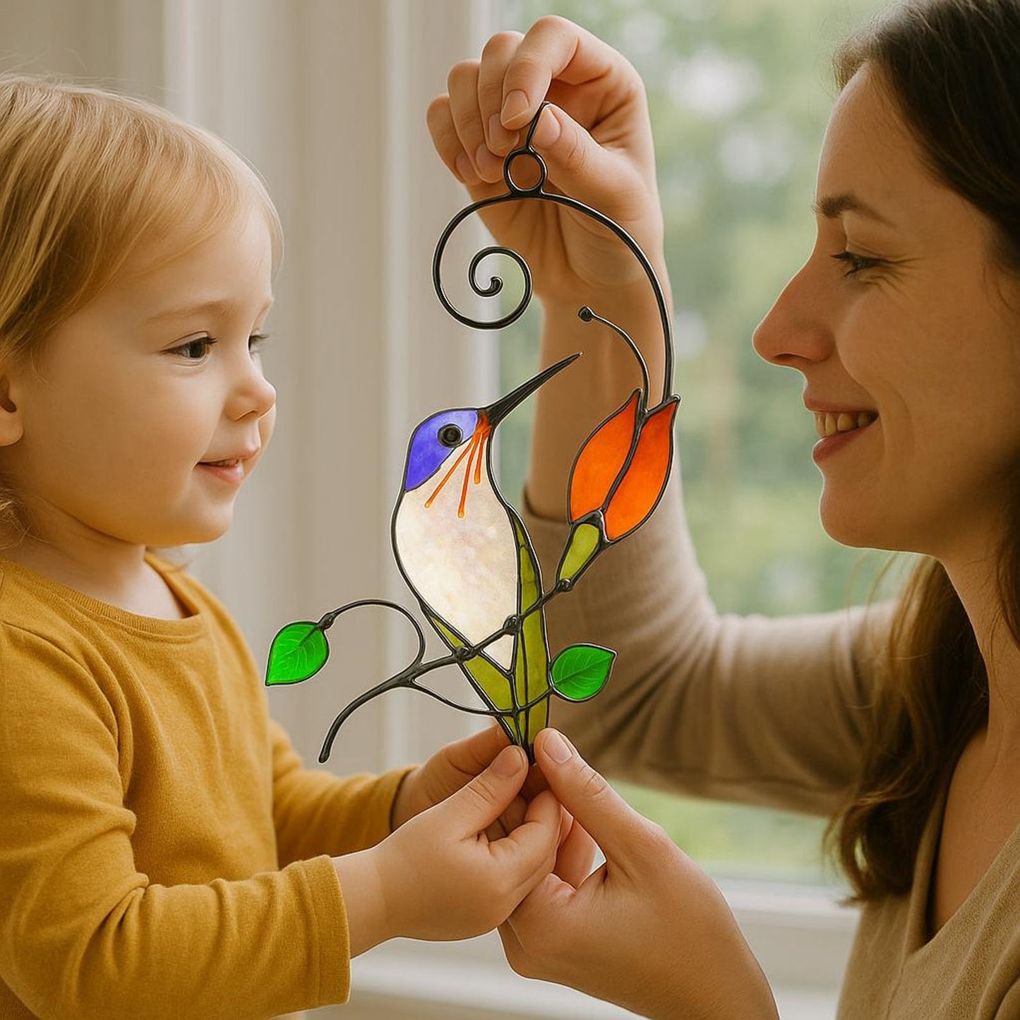 Handmade Hummingbird Stained Glass Suncatcher, Tiffany Art Window Hanging