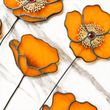 California Poppy Stained Glass Bouquet, Home Decor, Set of 6