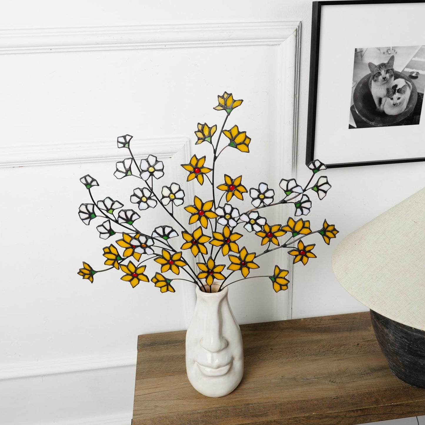 Stained Glass Winter Jasmine Flower Decor: Yellow & White Floral Art