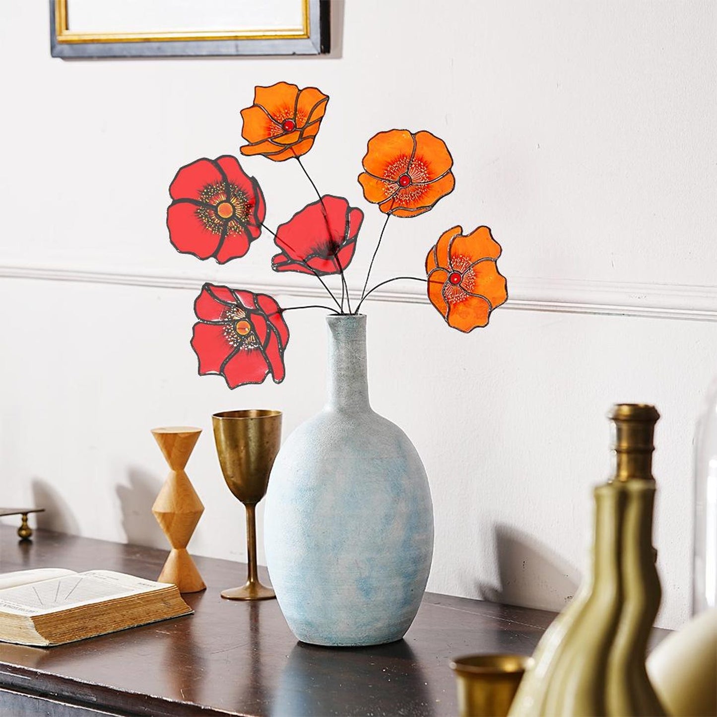 Stained Glass California Poppy Suncatcher, Set of 6 Flower Bouquet