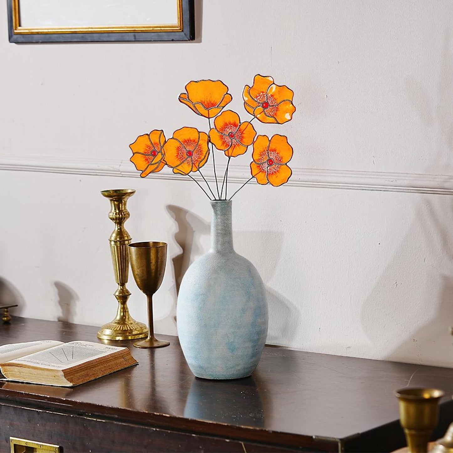 Handmade California Poppy Stained Glass Bouquet, Set of 6 Decorative Faux Flowers, Home Decor
