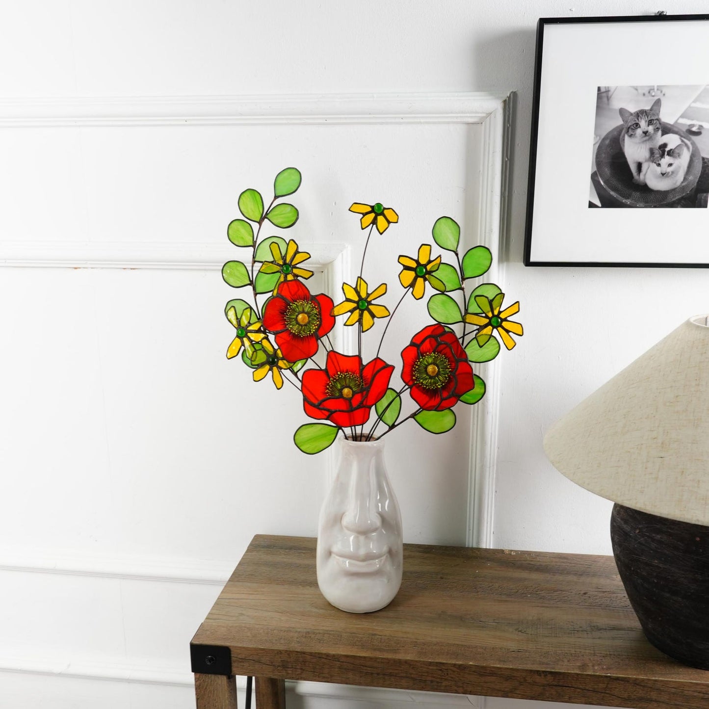 Handmade Stained Glass Poppy & Daisy Bouquet: Floral Home Decor