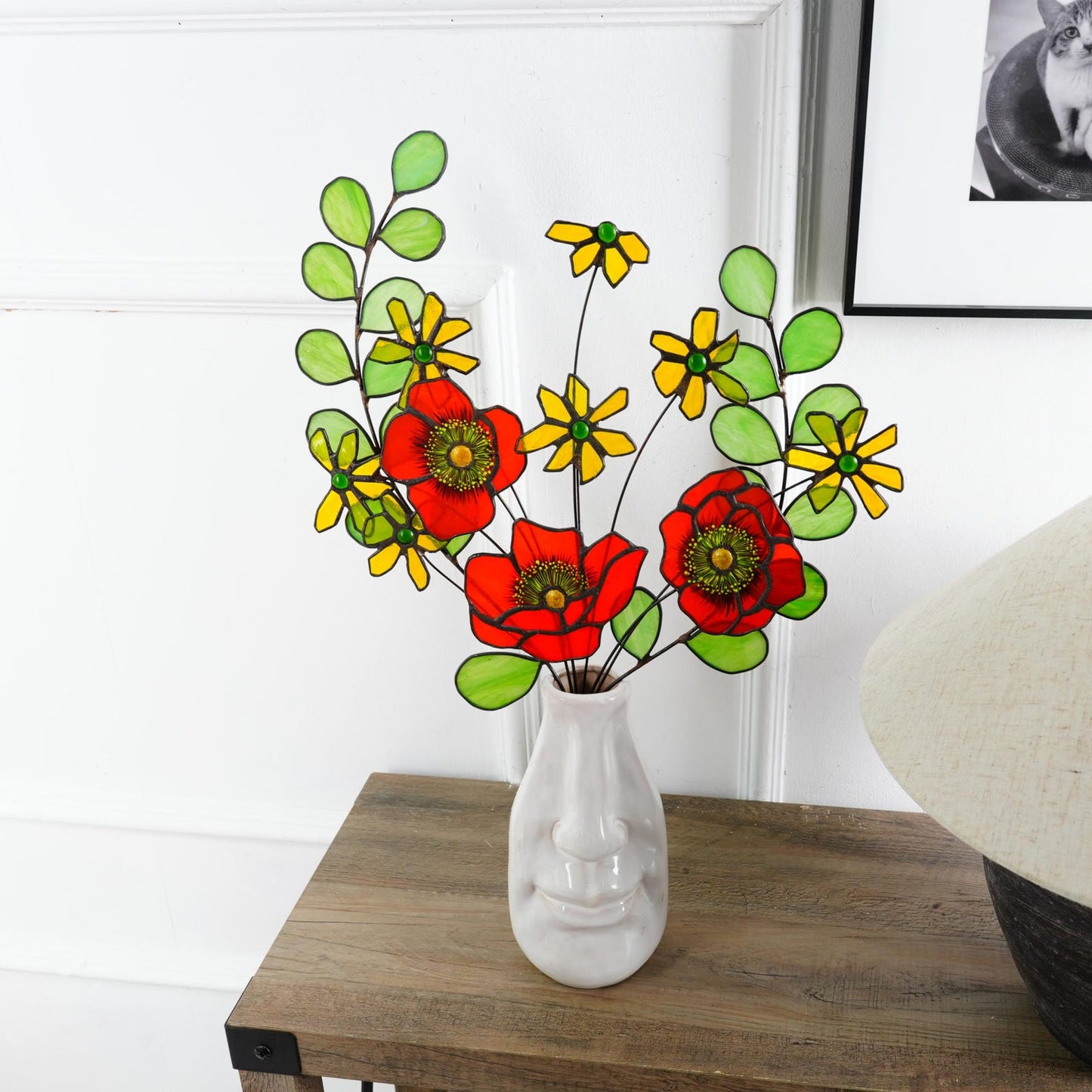 Handmade Stained Glass Poppy & Daisy Bouquet: Floral Home Decor