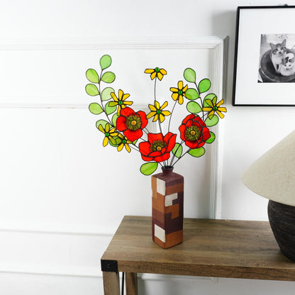 Handmade Stained Glass Poppy & Daisy Bouquet: Floral Home Decor