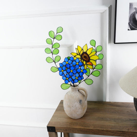 Stained Glass Sunflower and Hydrangea Bouquet – Colorful Floral Home Decor