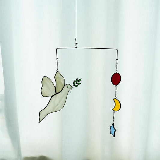 Stained Glass Dove Mobile–Celestial Sun Moon Star suncatcher Ornaments