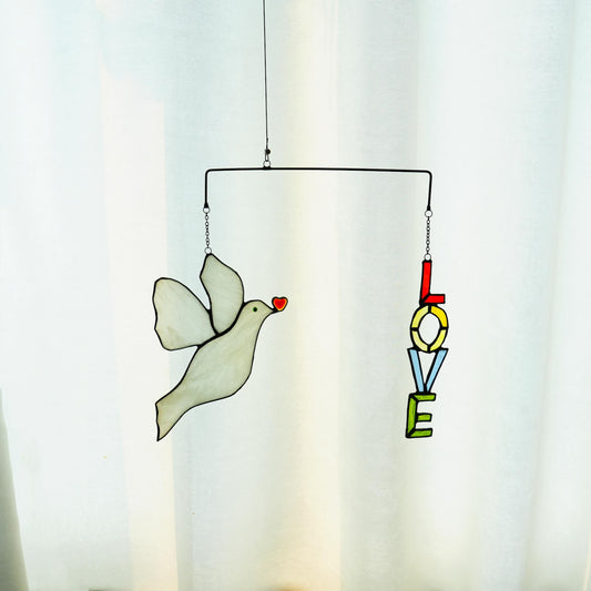 Stained Glass Dove Mobile–Celestial Sun Moon Star suncatcher Ornaments