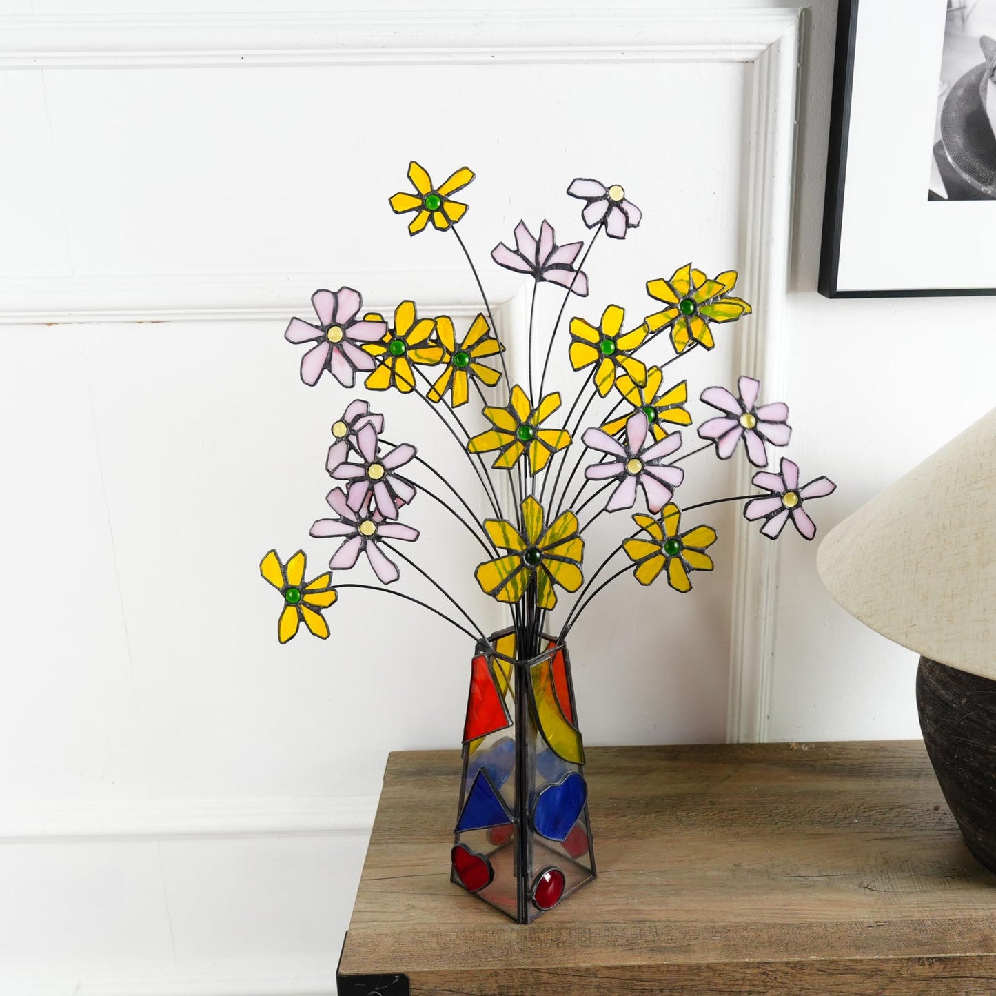 Stained Glass Daisy Bouquet: White Flower Home Decor