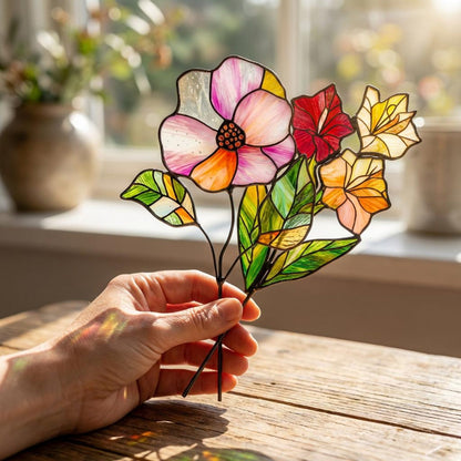 Custom Stained Glass Birth Month Flower Bouquet, Personalized Plant Stake