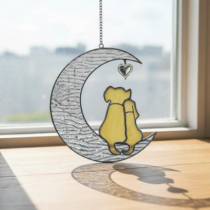 Stained Glass Dog Suncatcher, Couple on Moon, Dog Lover Gift