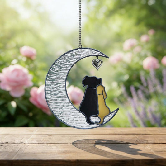 Stained Glass Dog Suncatcher, Couple on Moon, Dog Lover Gift