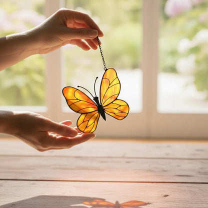 Yellow Stained Glass Butterfly Suncatcher, Window Garden Decor