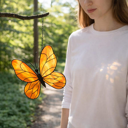 Yellow Stained Glass Butterfly Suncatcher, Window Garden Decor