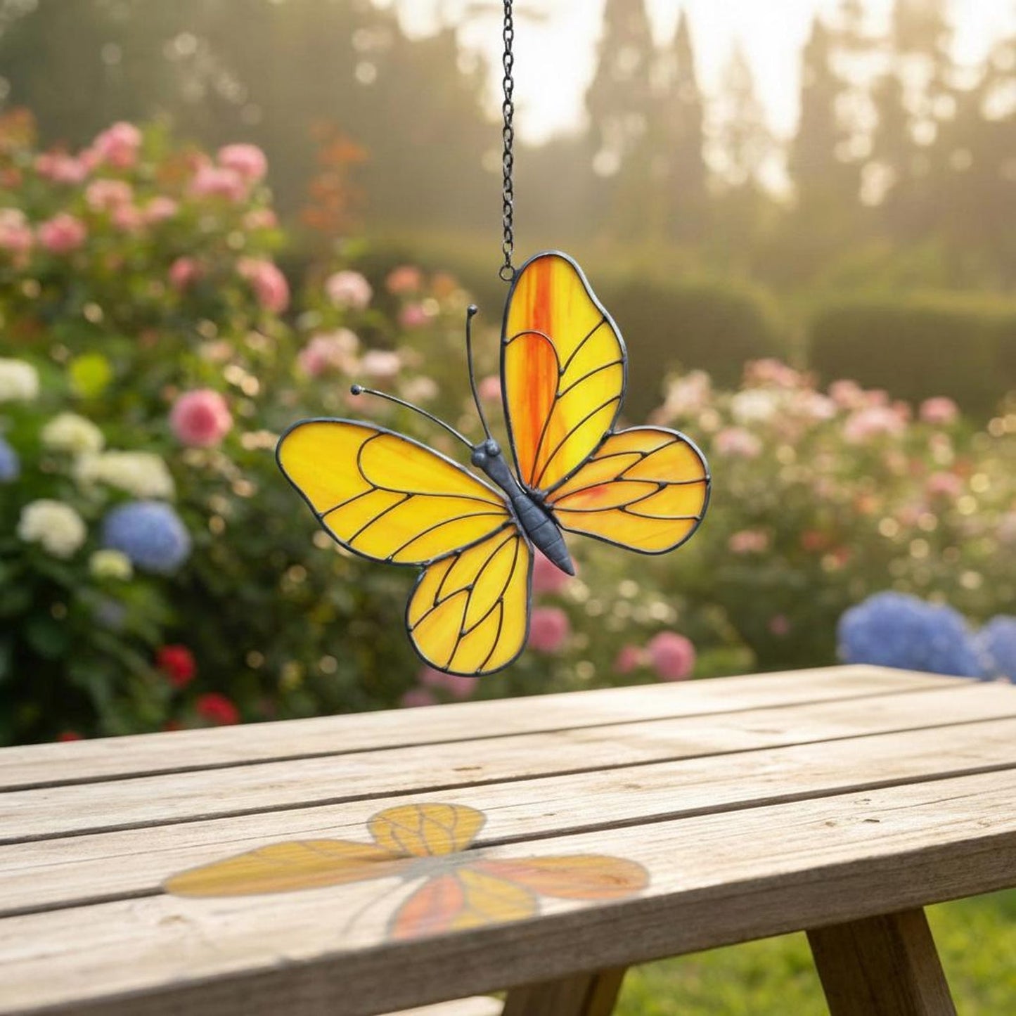 Yellow Stained Glass Butterfly Suncatcher, Window Garden Decor