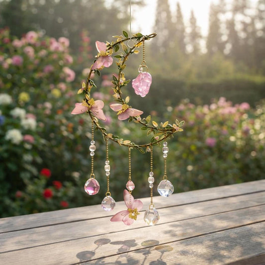 Crystal Moon Suncatcher, Pink Flowers, Fairycore Window Prism