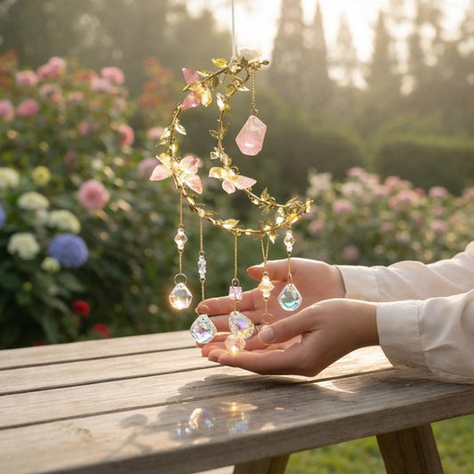 Crystal Moon Suncatcher, Pink Flowers, Fairycore Window Prism