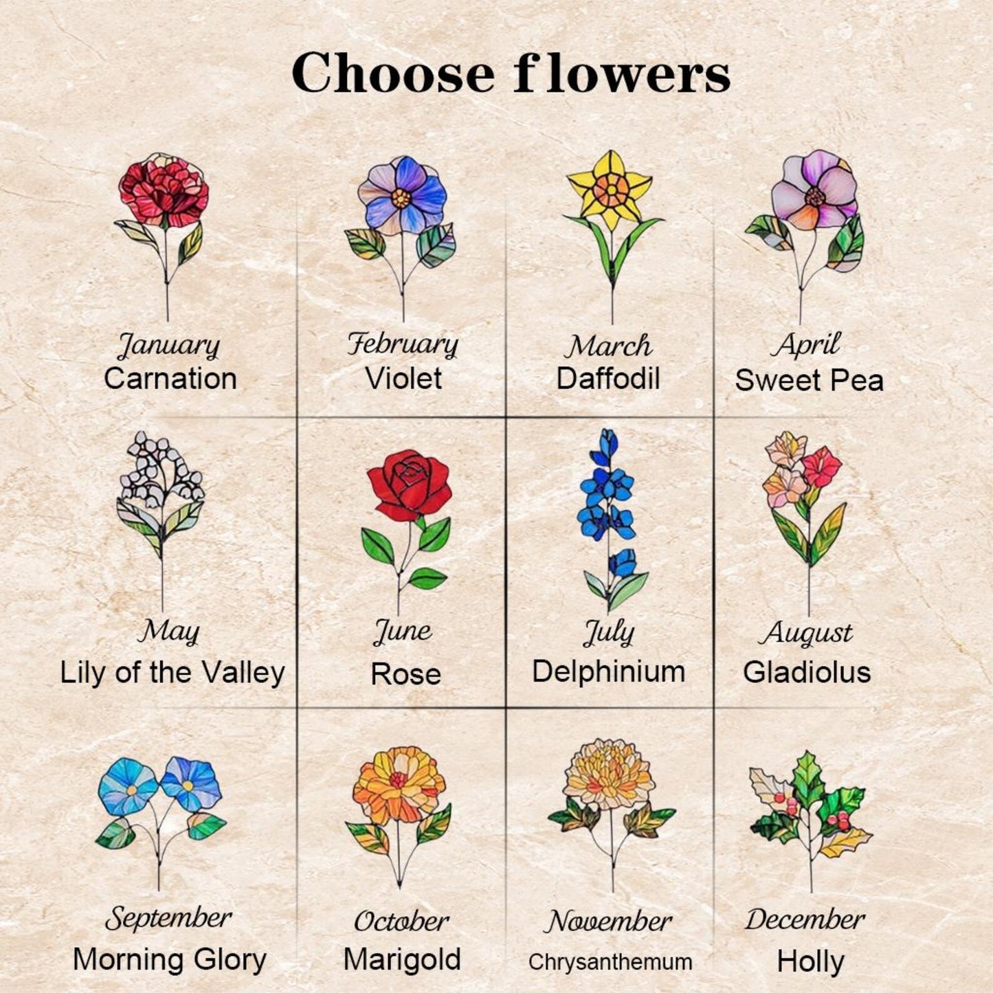 Custom Stained Glass Birth Month Flower Bouquet, Personalized Plant Stake