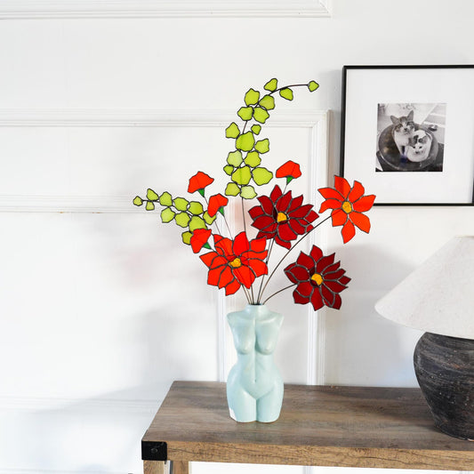 Stained glass Dahlia bouquet and Eucalyptus-Spring home decor
