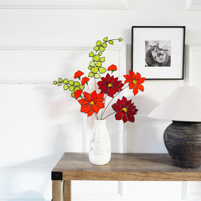 Stained glass Dahlia bouquet and Eucalyptus-Spring home decor