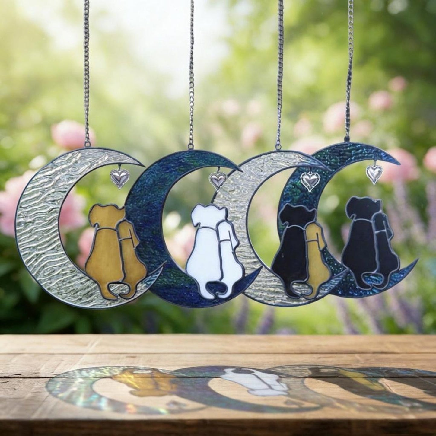 Stained Glass Dog Suncatcher, Couple on Moon, Dog Lover Gift
