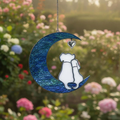 Stained Glass Dog Suncatcher, Couple on Moon, Dog Lover Gift