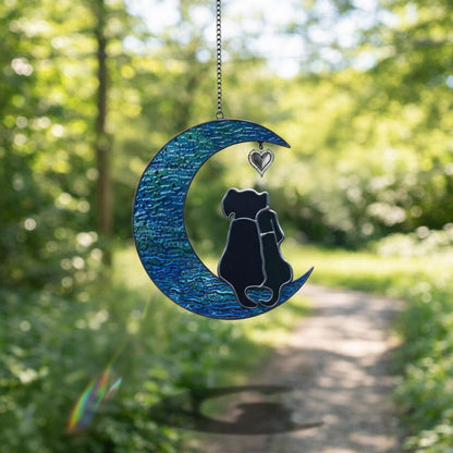 Stained Glass Dog Suncatcher, Couple on Moon, Dog Lover Gift