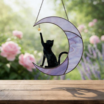 Stained Glass Cat on Moon Suncatcher, Celestial Window Decor
