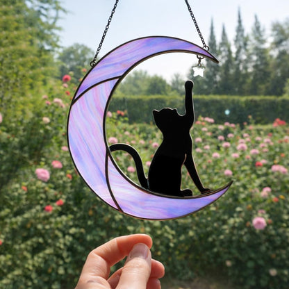 Stained Glass Cat on Moon Suncatcher, Celestial Window Decor