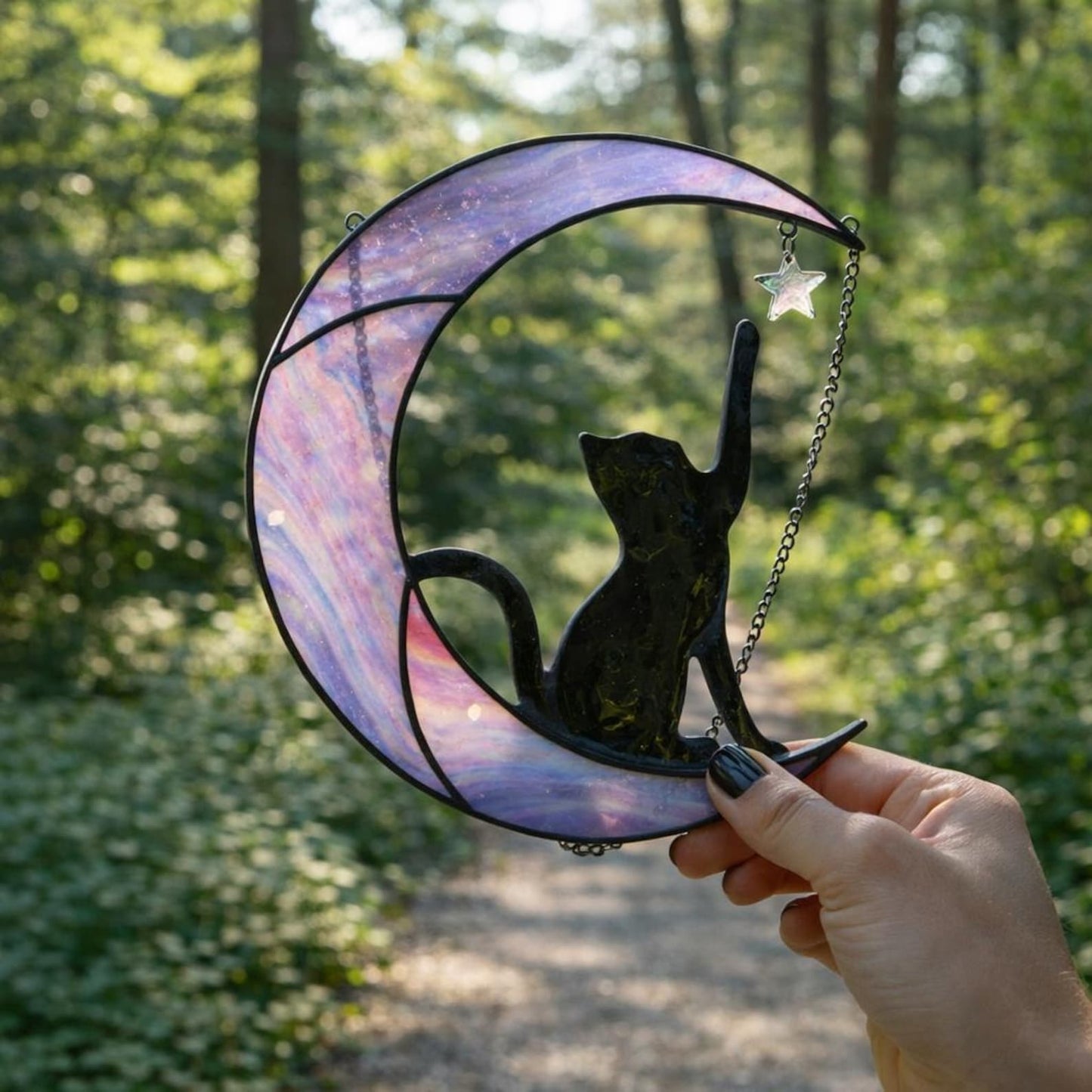 Stained Glass Cat on Moon Suncatcher, Celestial Window Decor