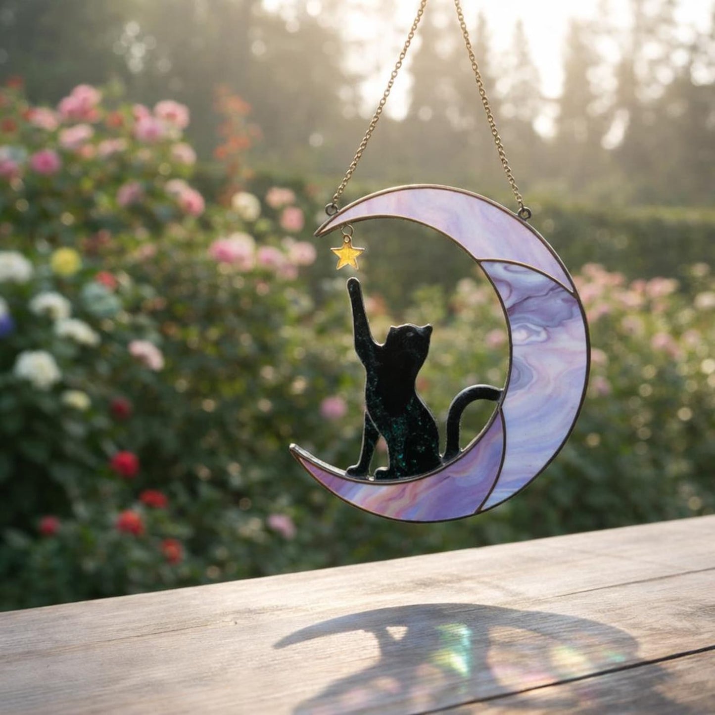 Stained Glass Cat on Moon Suncatcher, Celestial Window Decor