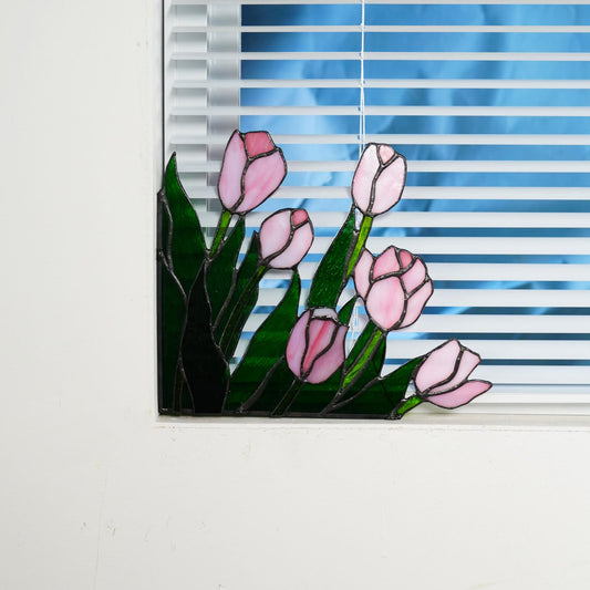 Stained glass pink tulips window corner-Spring home decor