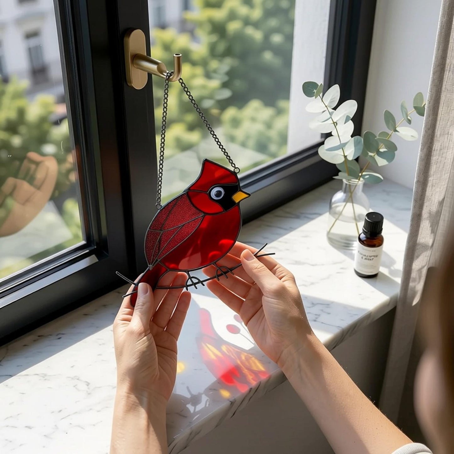 Red Cardinal Stained Glass Suncatcher, Mothers Day Gift for Mom, Handmade Bird Window Hanging, Memorial Gift, Sun Catcher Glass Art