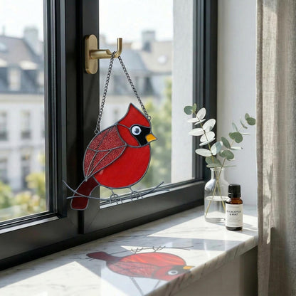 Red Cardinal Stained Glass Suncatcher, Mothers Day Gift for Mom, Handmade Bird Window Hanging, Memorial Gift, Sun Catcher Glass Art